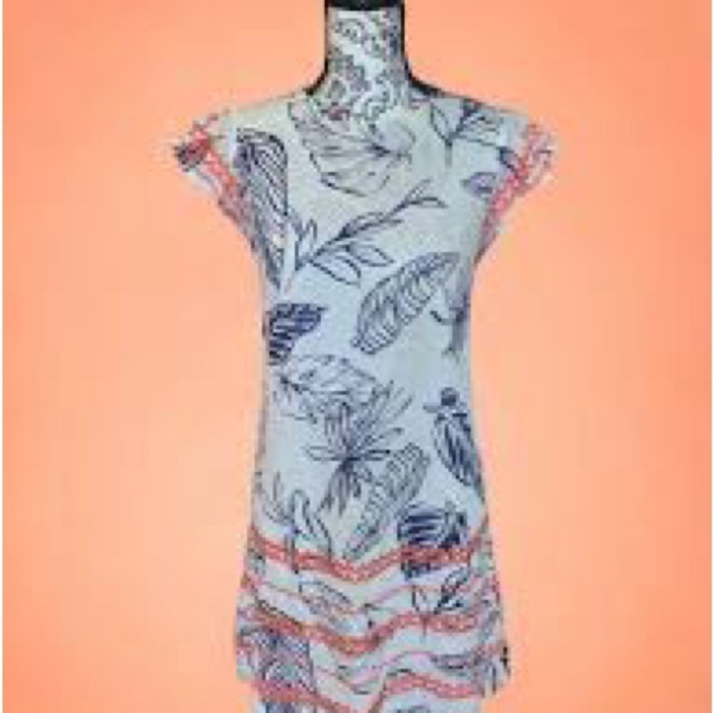 T H M L white navy print shift dress contrasting embroidered flutter sleeves - Picture 3 of 12